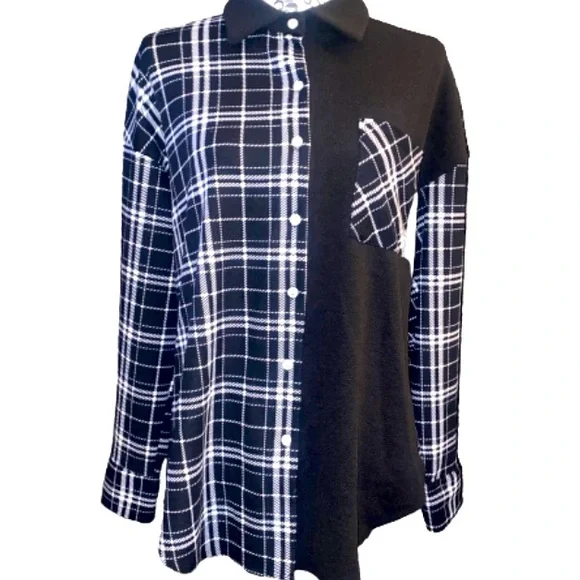 SHEIN Women’s M Oversized Color Block Black & White Plaid Button Down Shirt - Picture 2 of 12